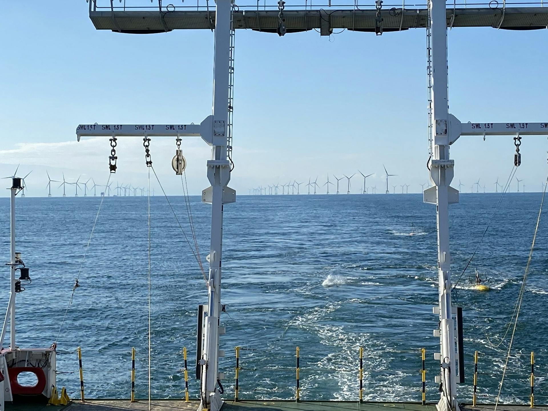 Fugro Pioneer running lines with seismic equipment deployed performing a geophysical survey for the East Anglia Hub Offshore Wind Farm