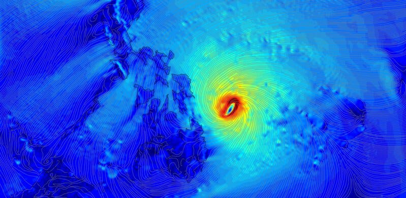 Numerical model of cyclone being tracked as it progresses through Philippines. Using our metocean modelling analysis application.