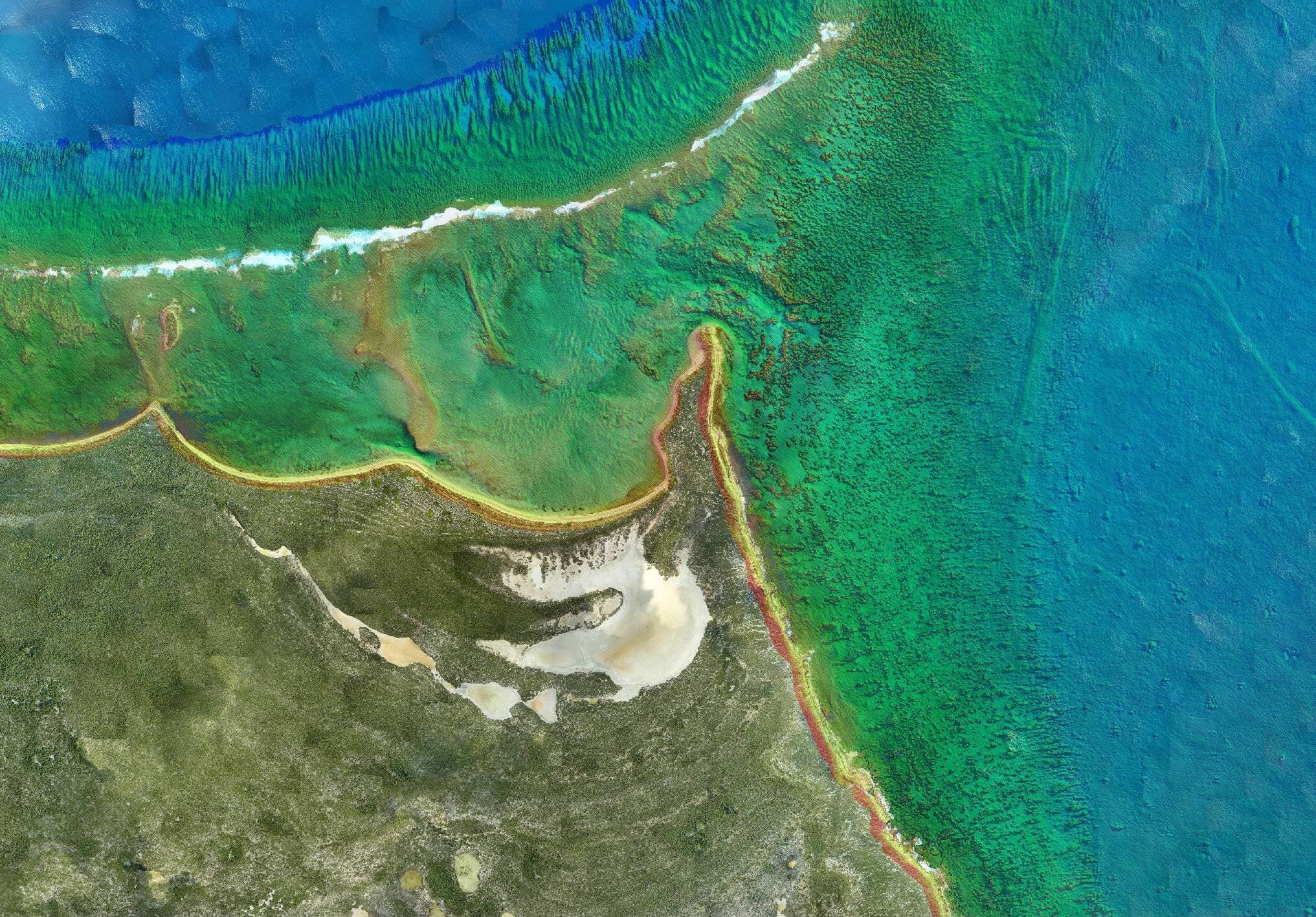 Combined RAMMS imagery of the coral transition of project location. Bathymetry data overlaid on image of location taken during field trials in the caribbean