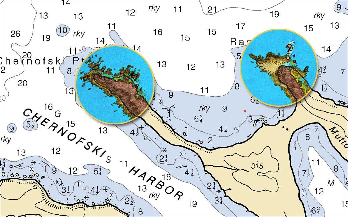 Fugro is using its SatRecon� service to plan safe and efficient survey operations around Unimak Island, Alaska. The inset images show the difference between charted features on existing nautical charts and current seafloor morphology, made visible through advanced satellite processing algorithms.?