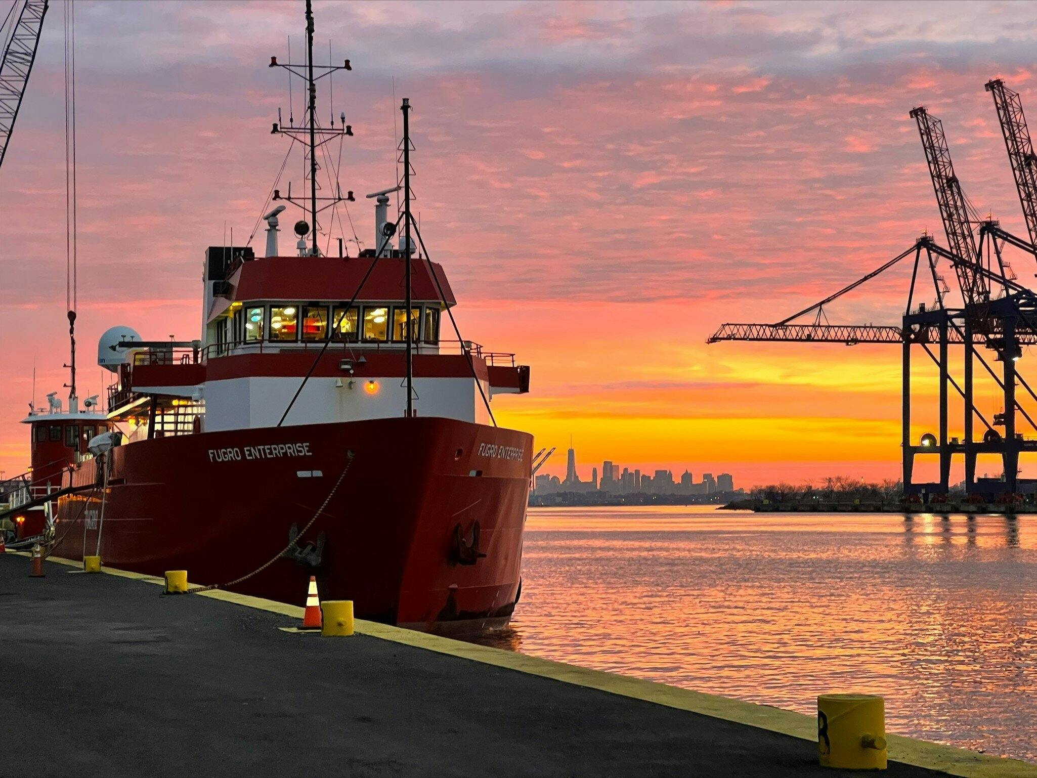 Fugro Enterprise in the USA with New York sunset in the background