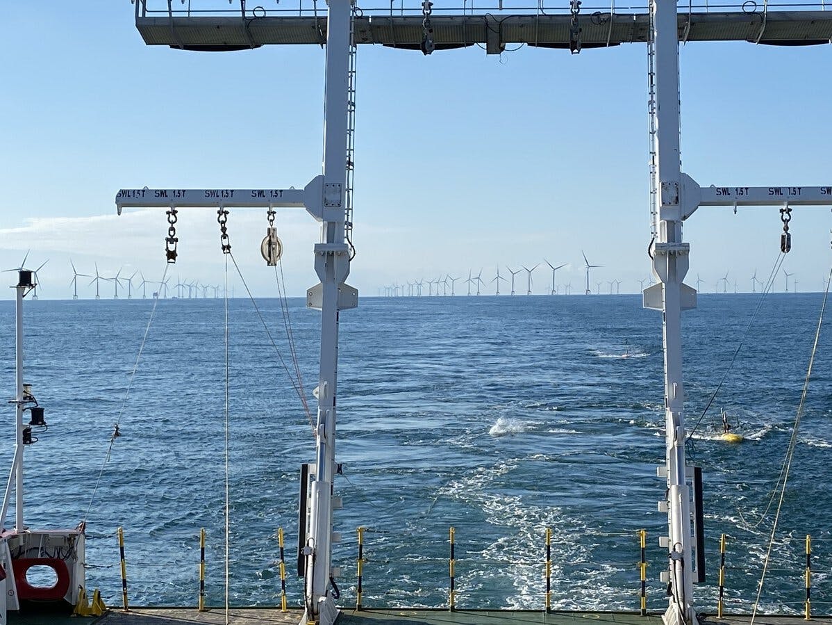 Fugro Pioneer running lines with seismic equipment deployed performing a geophysical survey for the East Anglia Hub Offshore Wind Farm